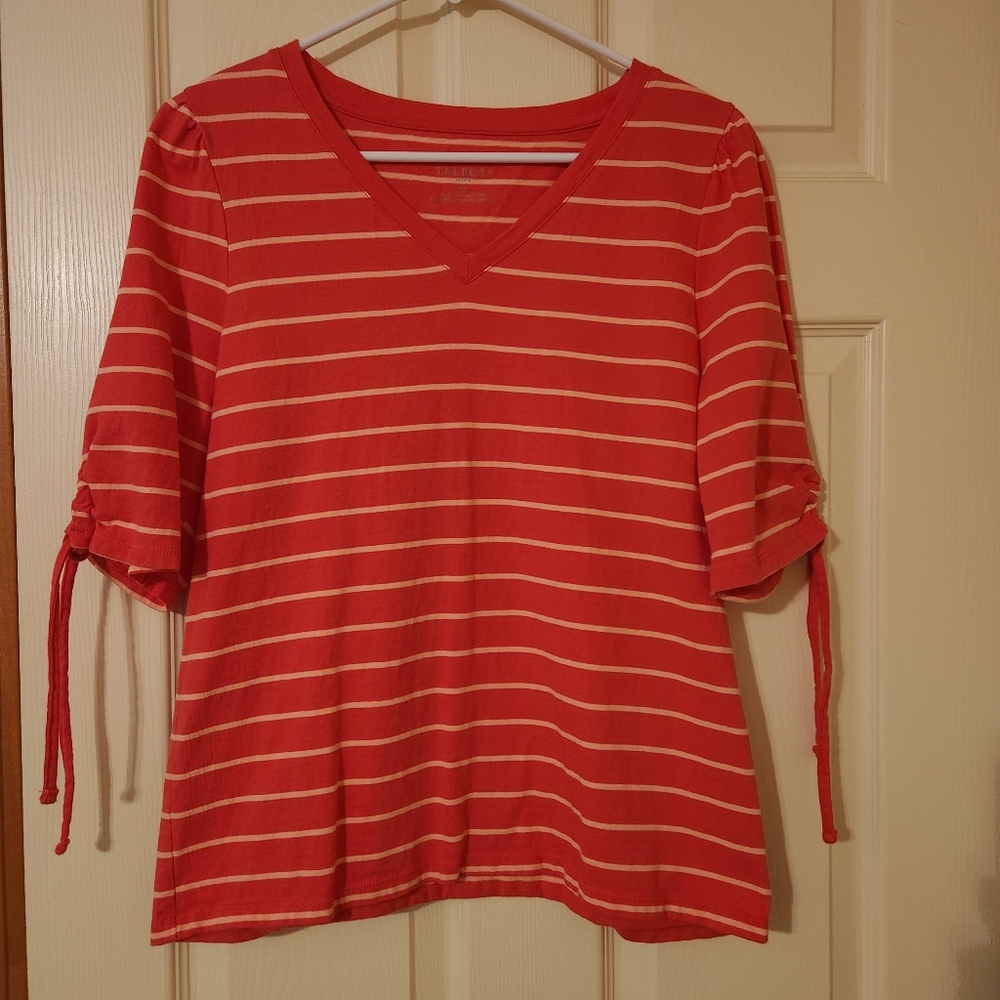 TALBOTS Dark Pink Striped 100% Cotton V-neck Shirred Tie Sleeve Top Size L P